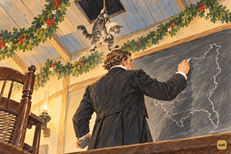 A gagged cat sinks from the ceiling scuttle, clawing the air above Mr. Dobbins's wig