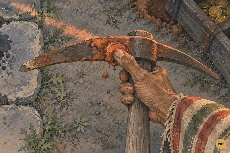 Injun Joe's hand turns over the boys' rusty pick and his thumb presses into the damp red clay on it.