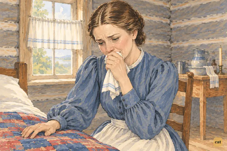 At Huck's sickbed, Widow Douglas suddenly bursts into tears when she hears Tom's name.