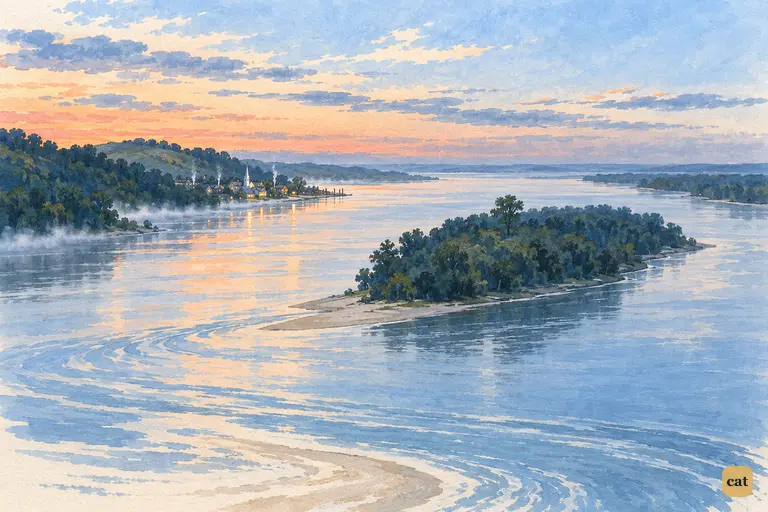 Saturday dusk on the Mississippi: Jackson's Island lies dark, and the lit village waits
