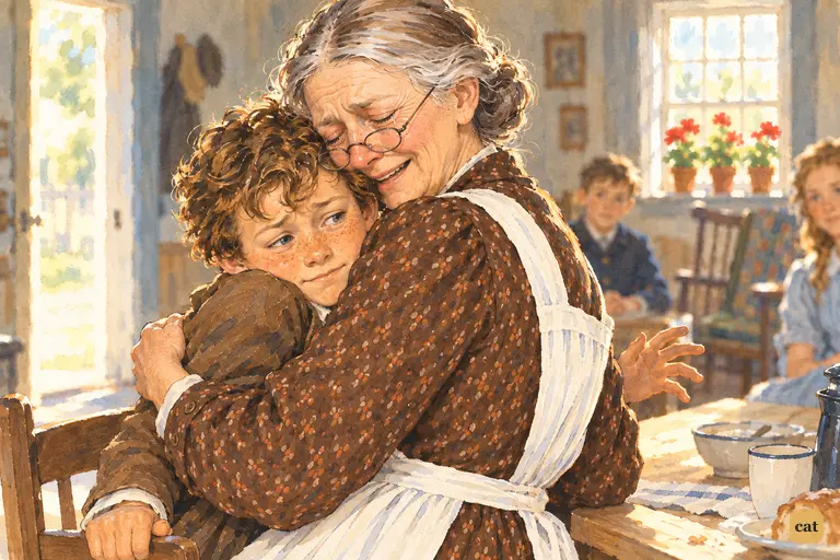 Aunt Polly crushes Tom in a tearful embrace and forgives him everything