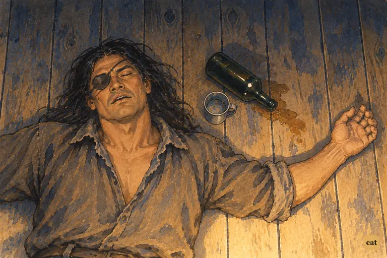 Injun Joe lies dead drunk on the floor of Room No. 2, a bottle and tin cup beside him