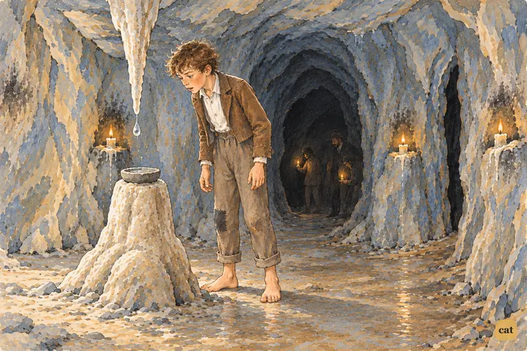 In the cave vestibule, barefoot Tom stands by the broken stalagmite and hollowed stone