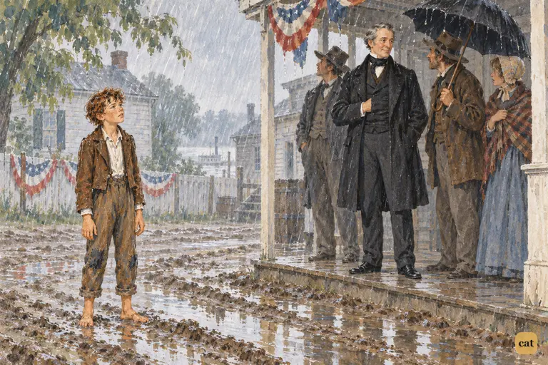 On a rainy Fourth of July, a soaked Tom Sawyer stares across the street at the Senator