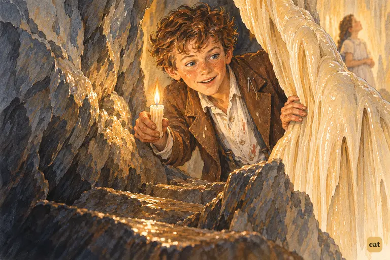 Tom squeezes behind the stone Niagara and finds a steep secret stairway going down into the dark.