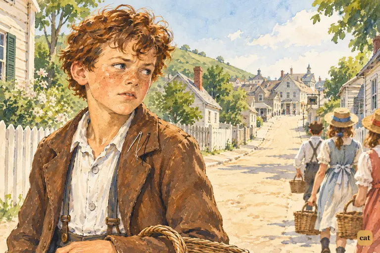 Tom walks on with the picnic crowd but glances back toward the tavern end of town