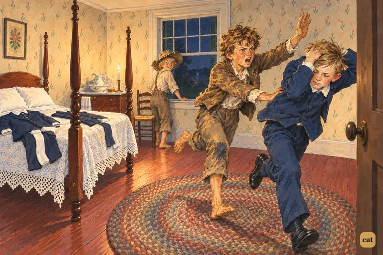 At the Widow Douglas's, a clay-smeared Tom cuffs tattling Sid and kicks him to the door