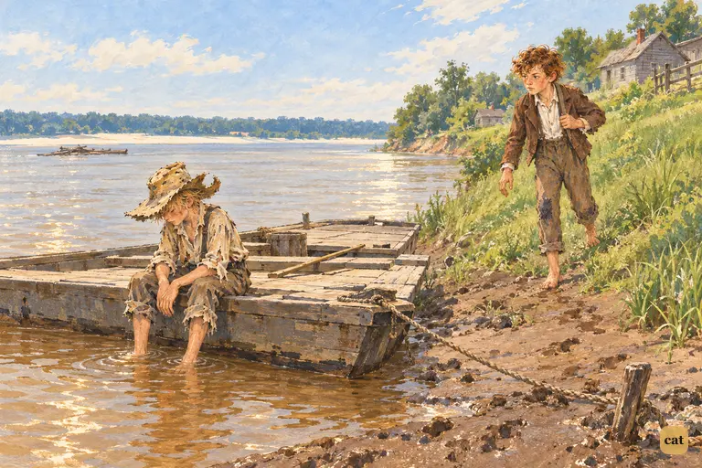 On a lazy morning, Huck sits slumped on an old flatboat with his feet in the Mississippi