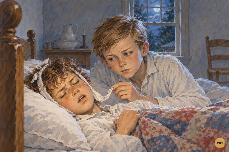 Tom mutters in his sleep while Sid loosens his bandage and listens at his lips