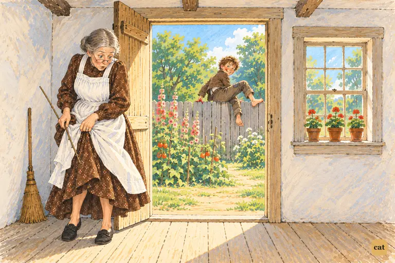 Aunt Polly whirls round in the doorway and hikes up her skirts at an imaginary danger