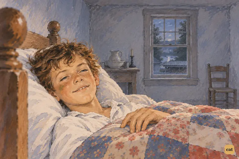 In bed, Tom hears Becky's grateful words again and falls asleep with a happy smile