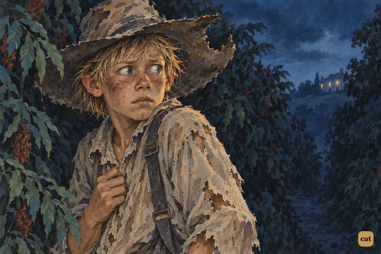 Deep in the dark sumac lane, Huck freezes mid-step as a twig cracks under his foot.