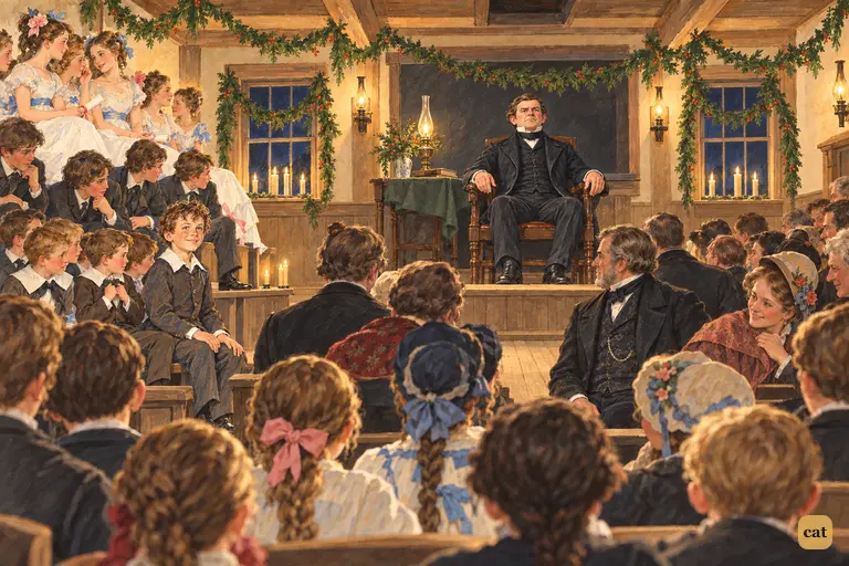 At eight in the evening the schoolhouse is lit and hung with garlands.