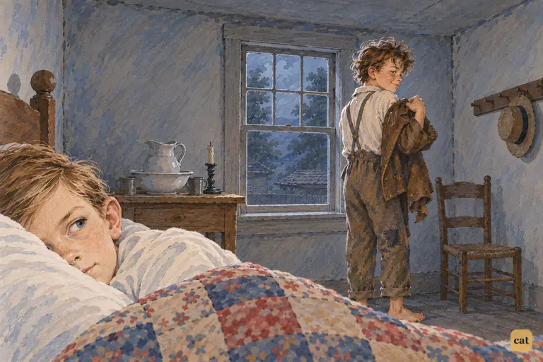In grey pre-dawn light, Tom slips off his jacket at the washstand, sure nobody knows
