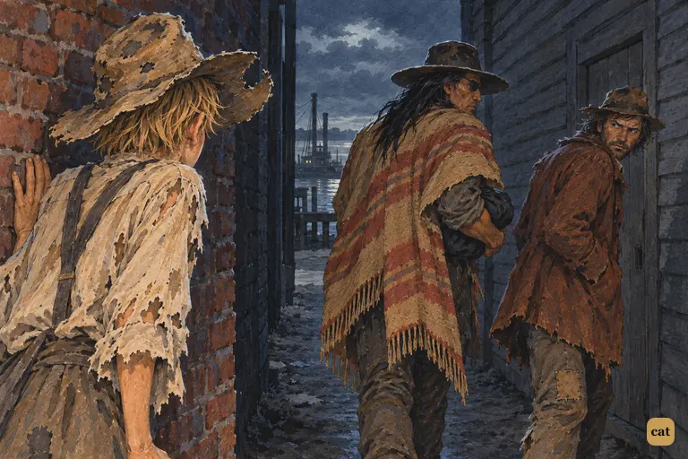 In a pitch-dark alley, Huck presses against the bricks as two men slip past with a bundle