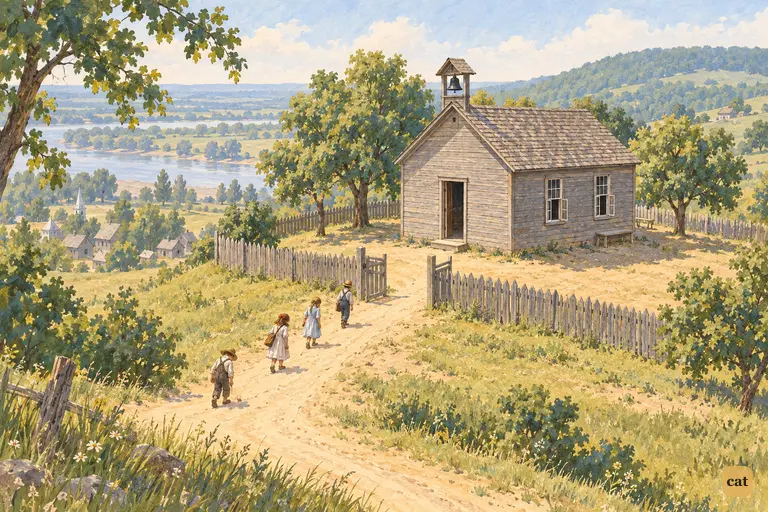 On a hot morning before vacation, small children trudge up a lane to the schoolhouse
