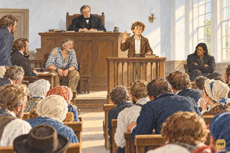 The packed courtroom turns in amazement to a scared Tom Sawyer on the witness stand