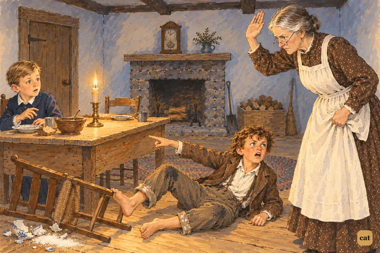 At the supper table, Aunt Polly raises her hand to strike Tom a second time.