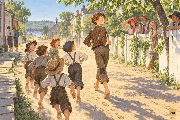 Tom swaggers like a pirate through the village, a flock of small boys at his heels