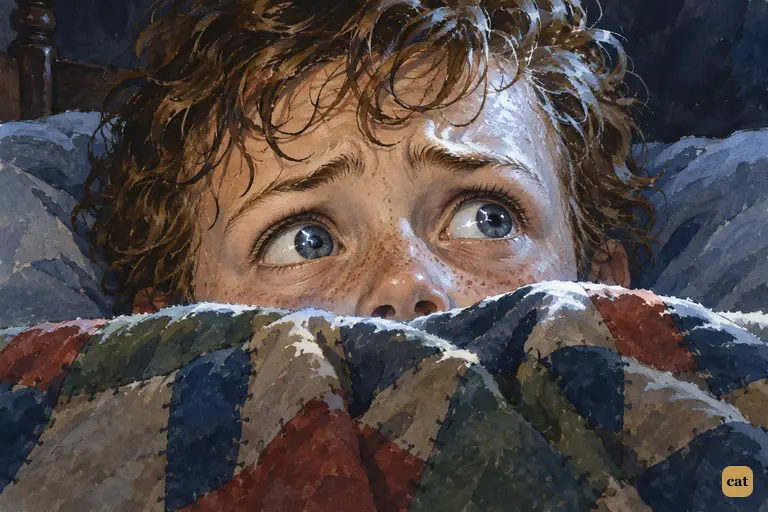 Tom lies with the quilt pulled to his nose, eyes wide open, lightning glinting in them