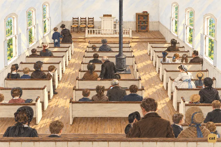 The cracked bell rings on a bright Sunday morning and the small plain church fills pew by pew.