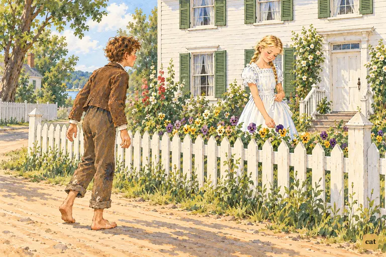 Tom stops mid-stride in the street at the sight of a new girl in the Thatcher garden