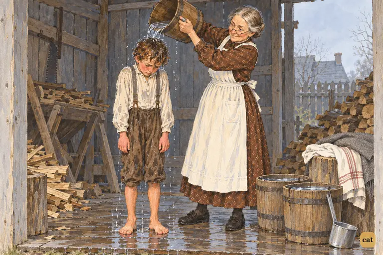 At dawn in the woodshed, Aunt Polly raises a bucket of cold water over lovesick Tom
