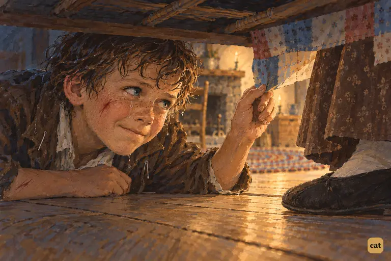 Tom lies hidden under the bed in tears, just short of his grieving aunt's slipper