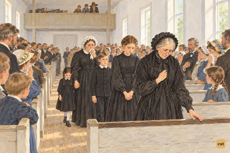 Aunt Polly, Sid, Mary and the Harpers walk up the aisle in black as the church stands