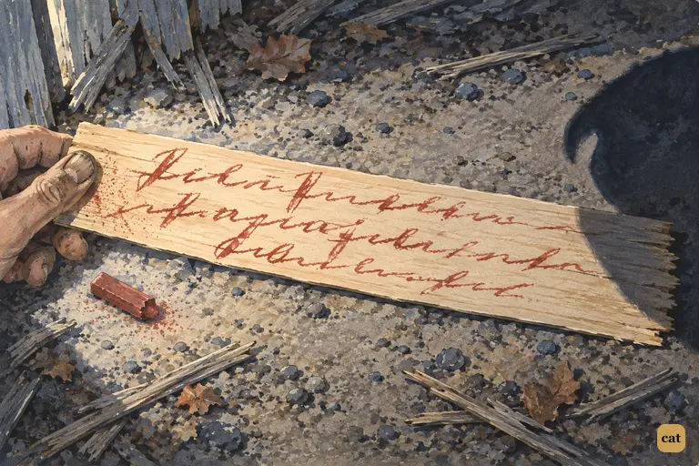 Seen from above in the moonlight, the pine shingle carries Tom's crooked red-keel oath.