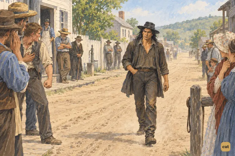 Injun Joe walks slowly and alone down the middle of the dusty village street.