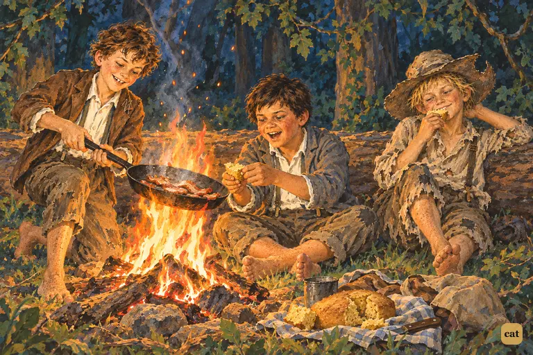 On their first night on Jackson's Island, three runaway pirates feast by a fire