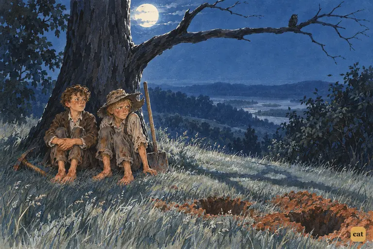 Tom and Huck sit in the dead tree's shadow on the moonlit hill, waiting for midnight