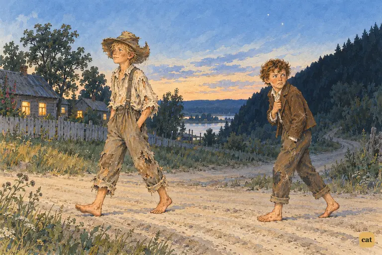 At dusk, Huck ambles down Cardiff Hill toward the lit windows of the village, relieved