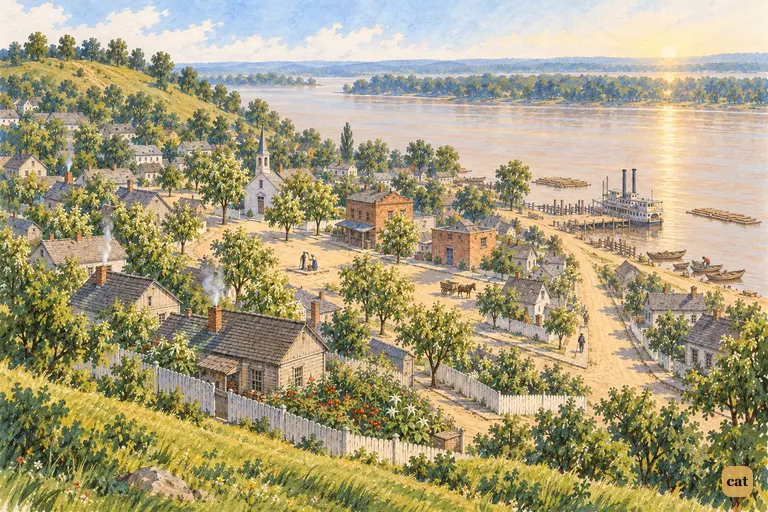 A small, sleepy river village seen from the green hill above it on a bright summer morning.