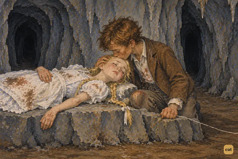 In the cave's total darkness, Tom kisses Becky's forehead as she lies still on the ledge