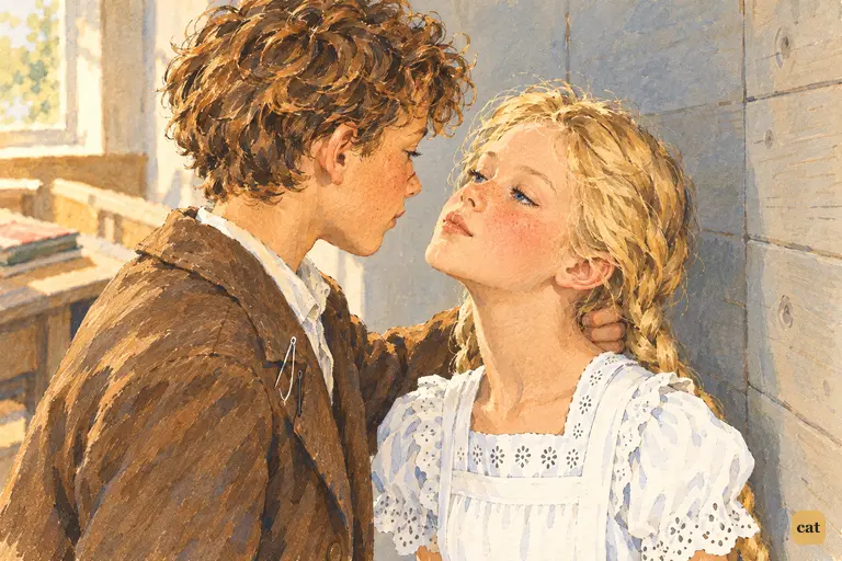 In the empty schoolroom at noon, Becky drops her hands and lifts her glowing face to Tom