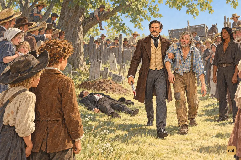 At noon in the graveyard, the Sheriff leads Muff Potter toward the murdered doctor