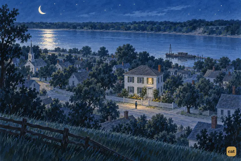 The little river town sleeps under the summer moon; one upstairs window glows