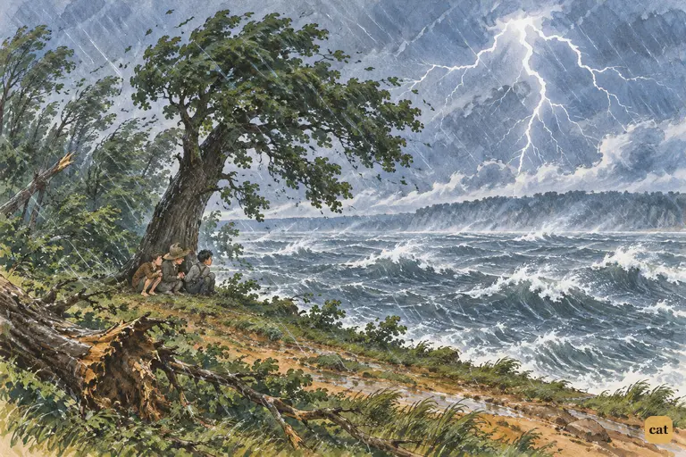 At the height of the storm, lightning lights up the whole foaming river and the distant bluffs.