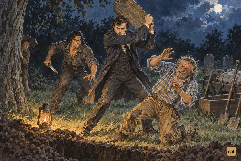 By the open grave, Doctor Robinson brings Williams's heavy headboard down on Muff Potter