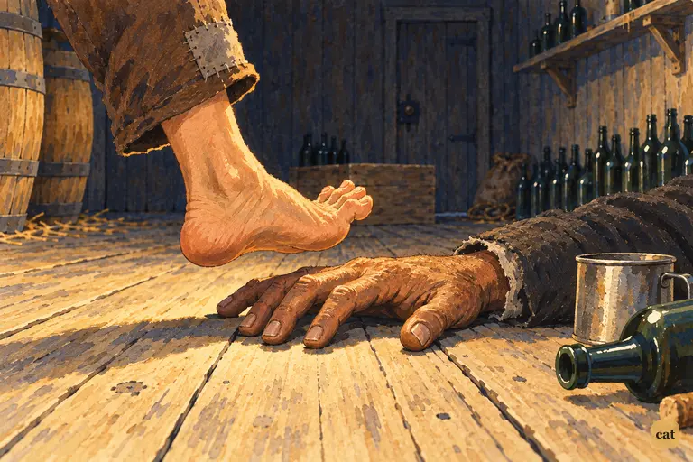 Tom's bare foot freezes just above Injun Joe's sleeping hand in the harsh lantern light