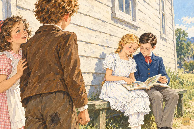 Tom stops short as Becky and Alfred Temple bend close over a picture-book