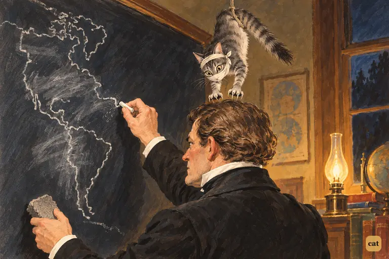 A gagged grey tabby cat hangs on a string just above the schoolmaster's neat brown wig.