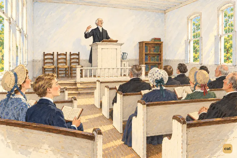 The Rev. Mr. Sprague reads out the hymn with solemn relish from the white box pulpit