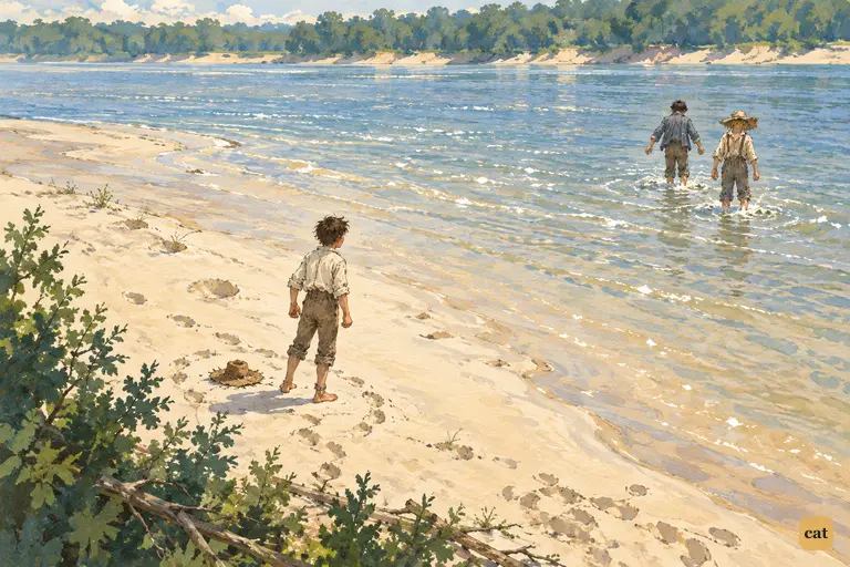 Tom stands alone on the wide white sandbar, held still by his pride.