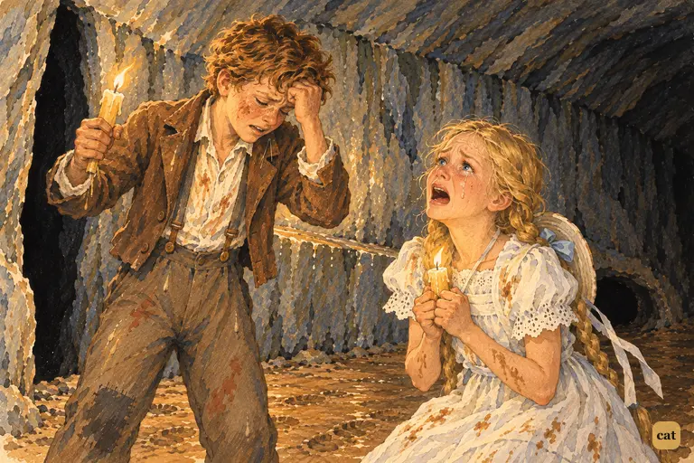 Deep in the cave, Tom admits they're lost and Becky cries out in despair by a blank wall