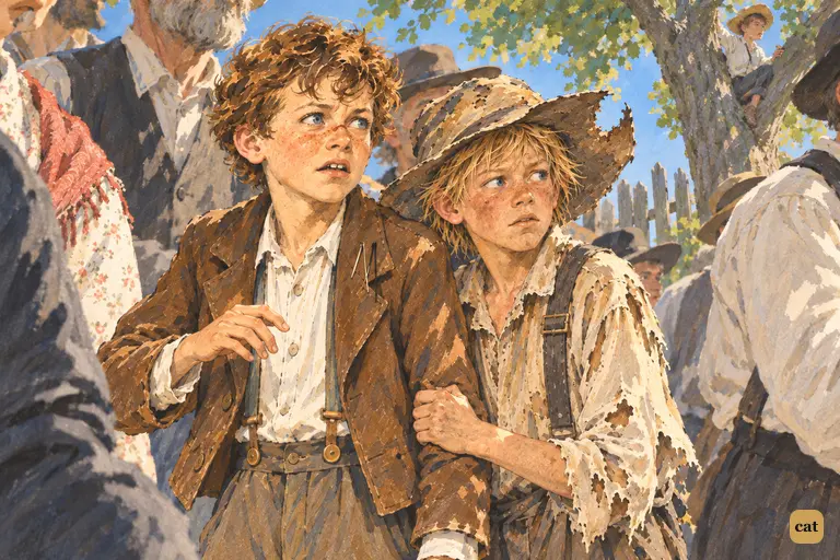Tom and Huck stand frozen in the noon crowd and watch the liar stand unharmed under a clear sky.