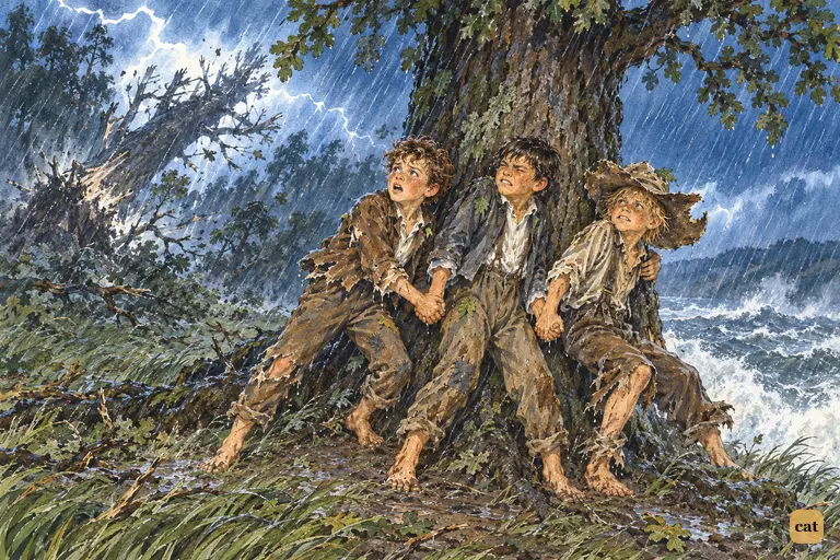 At the height of the storm, three soaked boys hold hands against the great oak on the riverbank.