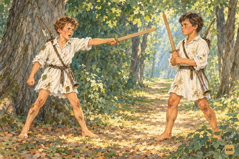 On Cardiff Hill, Tom as Robin Hood stops Joe Harper, playing Guy of Guisborne